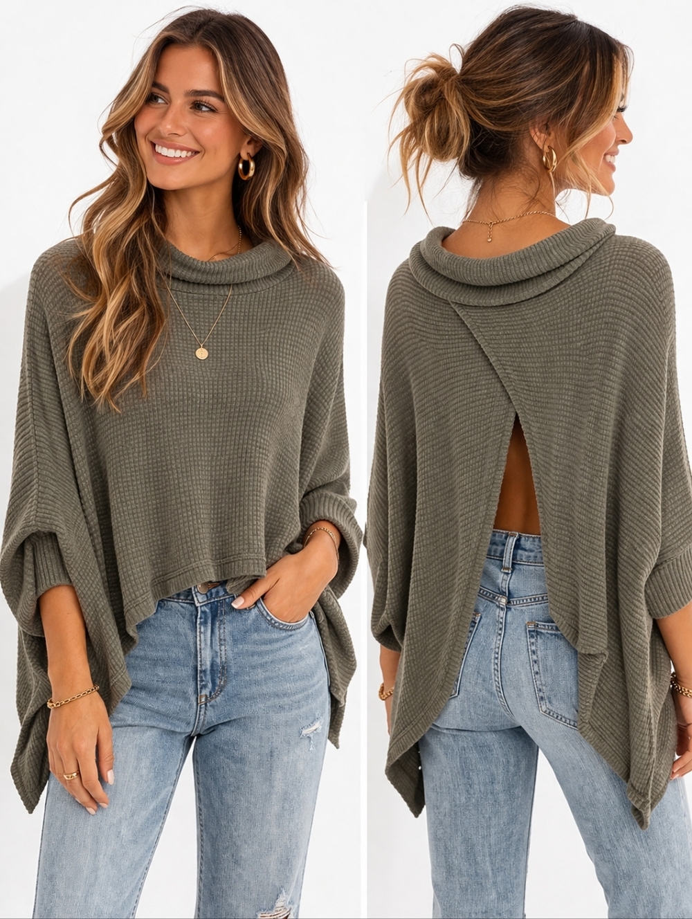 FREE PEOPLE BEACH Poncho Sweater Womens Medium Olive Green Ribbed Boho Lounge